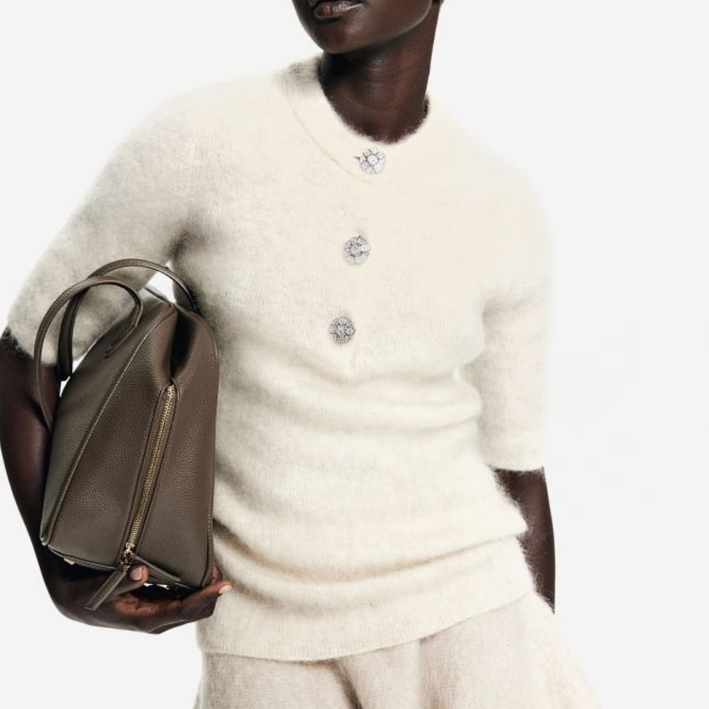 H&M Cream Fuzzy Short-Sleeve Button Sweater